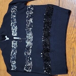 🖤NWT🖤 Nine West Womens Zip Up Quarter Neck Black Sequined Long Sleeved Sweater